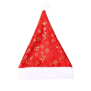 Classic red Christmas hat with golden snowflake patterns and white faux fur trim decoration