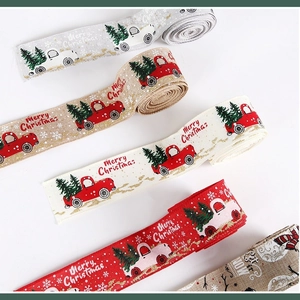 Christmas theme decorative burlap ribbons with truck and snowflake patterns for tree decor