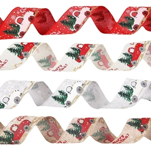 Christmas ribbon set with red truck and tree prints for festive home tree decoration