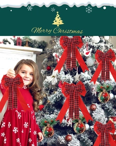 Classic red and black buffalo plaid Christmas bows being held in a festive holiday scene
