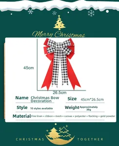 Detailed view of large 45x26cm red plaid Christmas bow with golden glitter accents