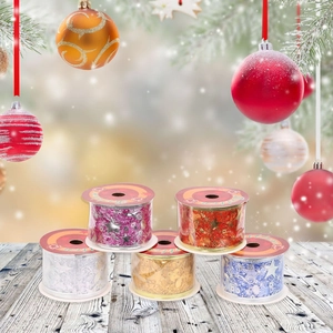 5 rolls of Christmas ribbon with stars and music notes for festive gift wrapping decor