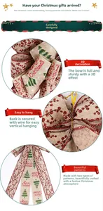 Detail of Christmas tree bow with Merry Christmas print and easy-hang gold wire ties