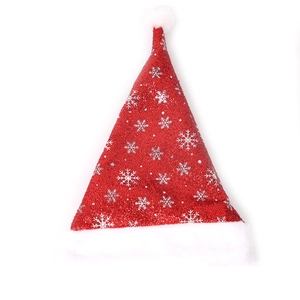 Classic red sequin Christmas hat with white snowflake prints and plush trim for holiday decor