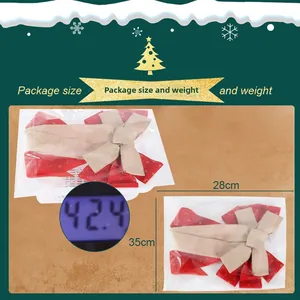 Detailed size and weight view of red gold star Christmas bows measuring 28x35cm