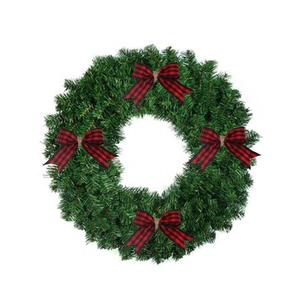 Christmas wreath with green pine needles and four red black buffalo plaid bows decoration