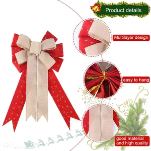 Christmas tree bow ornament with multilayer red gold star and burlap design for party decor
