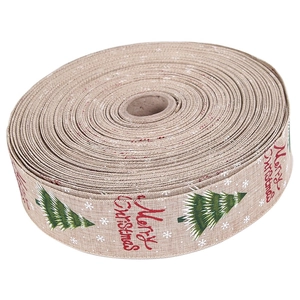 Faux linen Christmas ribbon with Merry Christmas print and trees for DIY holiday decor