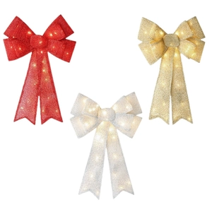 Three-piece set of LED glowing Christmas bows in red gold and silver colors