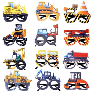 Set of 12 paper party glasses featuring construction vehicle designs for children's birthday