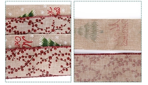 Detail of Christmas tree ribbon featuring red berries and Merry Christmas print textures