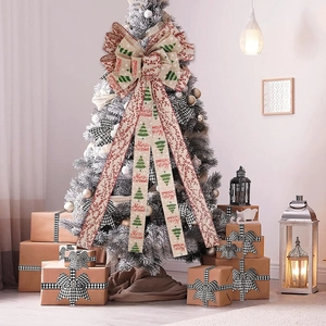 Large Christmas Tree Top Bow Burlap Merry Christmas Printed Bowknot With Long Ribbons Holiday Party Home Decor Ornament