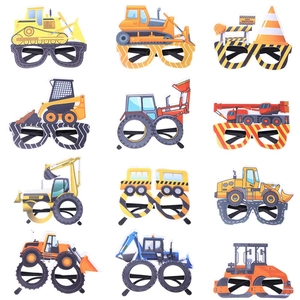 Construction vehicle party glasses set with excavator and bulldozer designs for kids