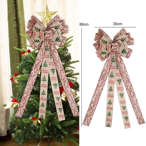 Large double-layer Christmas tree topper bow with rustic linen and holiday patterns