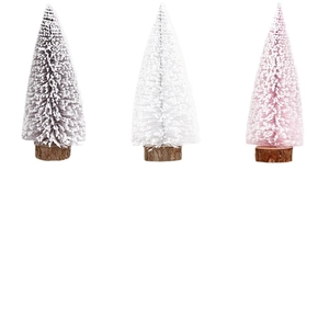 Miniature frosted Christmas trees in pink, white, and brown with round wooden bases
