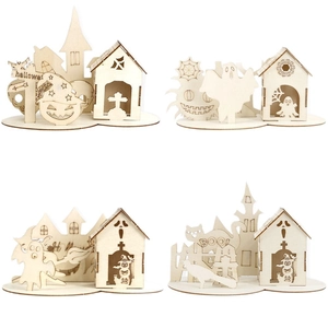 3D laser-cut wooden Halloween table decorations featuring pumpkin, ghost and witch designs
