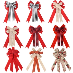 Set of 9 festive Christmas bows with red velvet, plaid patterns, and holiday prints