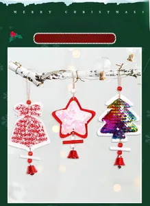 Detail of wooden Christmas ornaments with sequins, bells, and stars for tree decoration