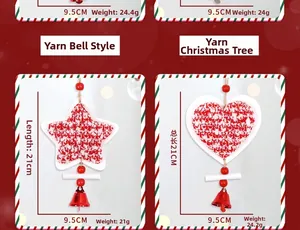 Detail of red and white knitted heart and star ornaments with bells for Christmas decor