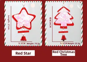 Detail of red Christmas star and tree ornaments with sequins and small metal bells