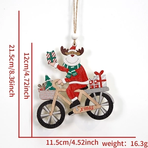 Detailed dimensions of a wooden Christmas reindeer cycling ornament with festive gifts