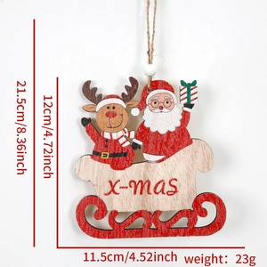 Detail view of Santa and Reindeer wooden sleigh ornament with size 11.5x12cm specs