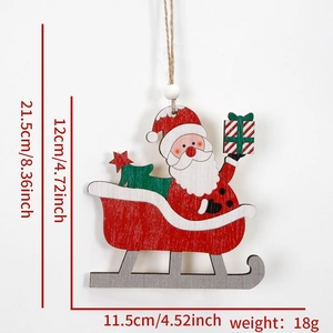 Close-up of wooden Santa Claus on red sleigh ornament with white bead and hemp rope