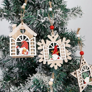 Rustic wooden Christmas ornaments set featuring gnomes, snowflakes and stars on snowy tree