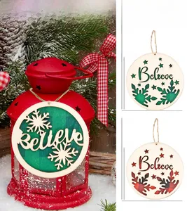 Dual-layer wooden Christmas ornament with Believe lettering and rustic grid patterns