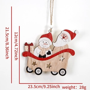 Detail of wooden Christmas sleigh ornament with Santa, snowman and twine hanging loop