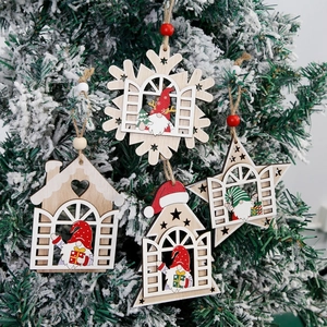 Wooden Christmas Hanging Ornaments Xmas Tree Decoration Gnome Snowflake Star House Window Pendants For Holiday Party Decor