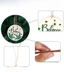 Detail showing wooden Christmas ornament with Believe text, snowflake, and jute rope dimensions