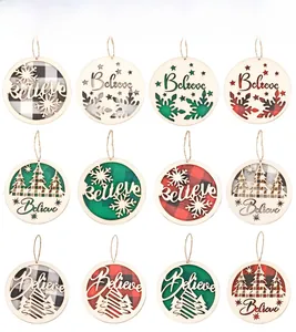 Detailed laser-cut Christmas wooden ornaments with colorful buffalo plaid and Believe text