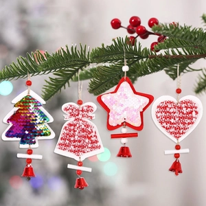 Weihnachtsbaumschmuck Aus Holz Pailletten Stern Herz Hängende Anhänger Mit Metallglocke Festliche Feiertagsparty Hausdekoration