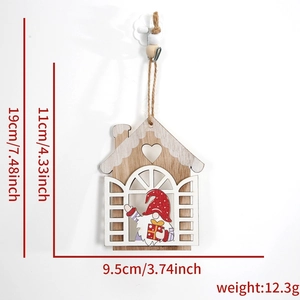 Detailed dimensions of wooden Christmas gnome ornament with hanging twine and size markings