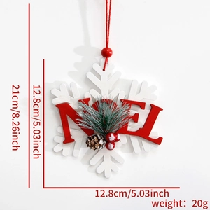 Detailed view of NOEL wooden snowflake ornament with dimensions and weight specs