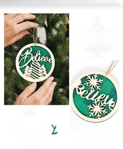 Front and back detail of wooden Believe Christmas ornament with green plaid pattern