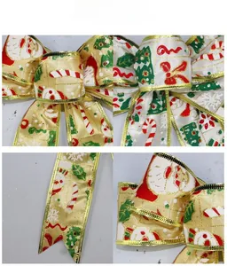 Detail showing printed fabric Christmas bow with festive patterns and gold wire edges