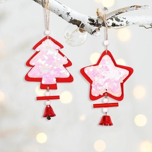Red and white felt Christmas ornaments with sequins, wooden beads and small metal bells
