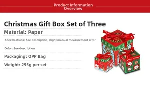 Detailed specs of 3-piece Christmas gift box set with Santa prints and red ribbon bows