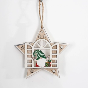 Ornement de Noël en bois en forme d'étoile avec motif gnome au bonnet rayé