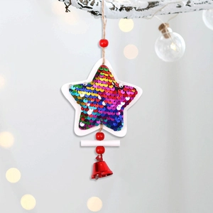 Colorful sequined star Christmas tree ornament with a red bell and rustic hemp rope