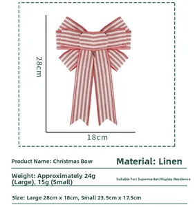 Detailed size parameters of red and white striped linen Christmas bows for DIY tree decoration