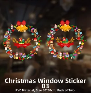 Detailed view of two 30x30cm PVC Christmas window stickers with festive wreath designs