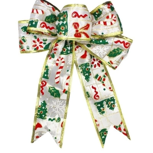 20cm Christmas bow ornament with gold trim and festive prints for holiday tree decoration
