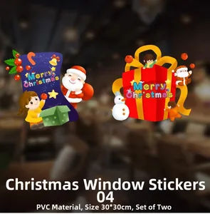 Close-up of PVC Christmas window stickers showing Santa gift box and stocking designs
