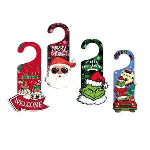 Christmas door handle hangers with Santa and Grinch designs in festive patterns