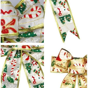 Christmas themed ribbons and bows with gold wire edges and festive holiday patterns