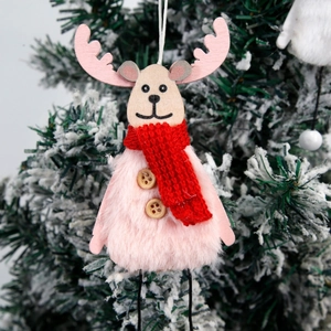 Décoration de Noël renne en peluche rose avec écharpe rouge et visage en bois naturel