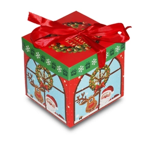 Three-piece Christmas gift box set with festive red bows and Santa Claus reindeer illustrations
